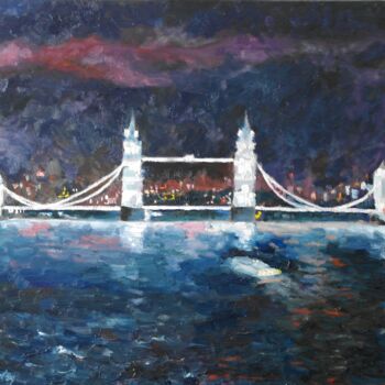 Ζωγραφική με τίτλο "Night Tower Bridge,…" από Juri Semjonov, Αυθεντικά έργα τέχνης, Λάδι Τοποθετήθηκε στο Ξύλινο φορείο σκελ…