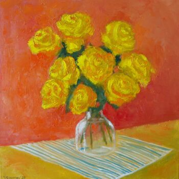 Painting titled "Golden Roses" by Juri Semjonov, Original Artwork, Oil Mounted on Wood Stretcher frame