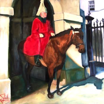 Painting titled "Horse Guard" by Justine Lemaire, Original Artwork, Oil Mounted on Wood Stretcher frame
