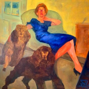 Ζωγραφική με τίτλο "Doggies Mom" από Justine Lemaire, Αυθεντικά έργα τέχνης, Λάδι Τοποθετήθηκε στο Ξύλινο φορείο σκελετό