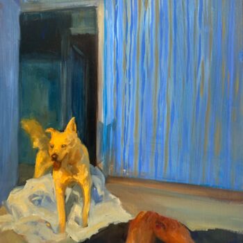 Картина под названием "Dog III" - Justine Lemaire, Подлинное произведение искусства, Масло Установлен на Деревянная панель