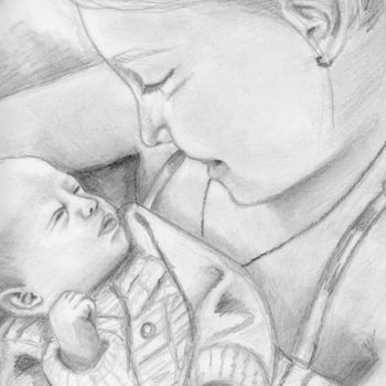 Drawing titled "Amour fraternel" by Justine Rodriguez, Original Artwork, Pencil