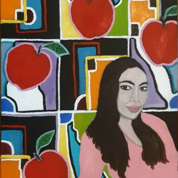 Painting titled "woman with apples" by Justin Myers, Original Artwork, Oil