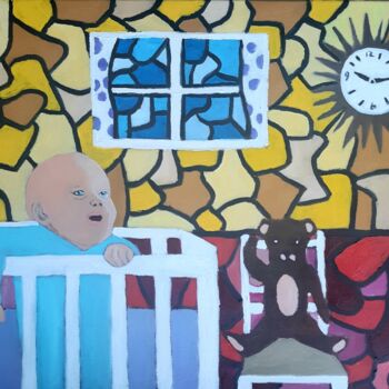 Schilderij getiteld "baby in crib" door Justin Myers, Origineel Kunstwerk, Olie