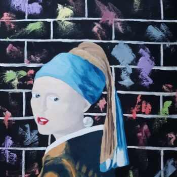Painting titled "girl with graffiti" by Justin Myers, Original Artwork, Oil