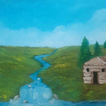 Painting titled "Cabin on the prairie" by Justin Myers, Original Artwork, Oil