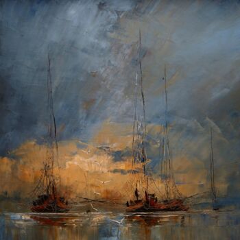 Painting titled "Boats..." by Justyna Kopania, Original Artwork, Oil Mounted on Wood Stretcher frame
