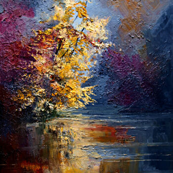 Painting titled "River..." by Justyna Kopania, Original Artwork, Oil Mounted on Wood Stretcher frame