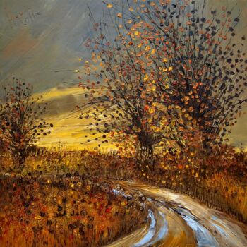 Painting titled "Autumn" by Justyna Kopania, Original Artwork, Oil Mounted on Wood Stretcher frame