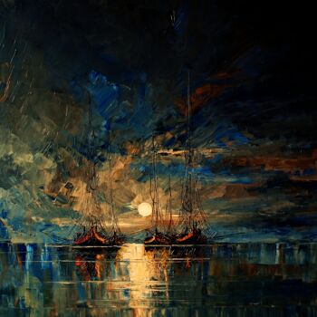 Painting titled "Boats 03" by Justyna Kopania, Original Artwork, Oil Mounted on Wood Stretcher frame