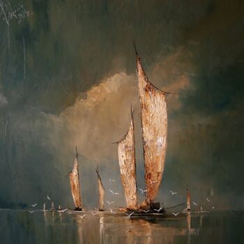 Painting titled "Boats 06" by Justyna Kopania, Original Artwork, Oil Mounted on Wood Stretcher frame