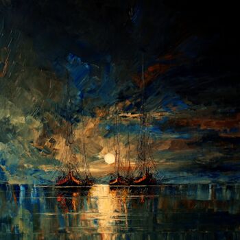 Painting titled "Boats 08" by Justyna Kopania, Original Artwork, Oil Mounted on Wood Stretcher frame
