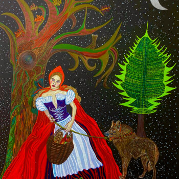 Painting titled "Beware of red ridin…" by Jutta-Maria Offzarek, Original Artwork, Conté