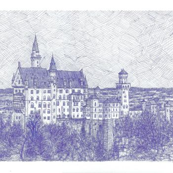 Painting titled "Neuschwanstein - Pi…" by Jose Vicente Sánchez Sacristán, Original Artwork, Ballpoint pen