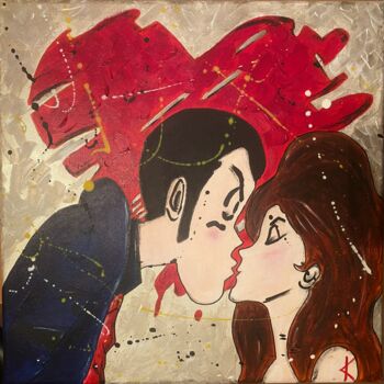 Painting titled "Heart&kiss" by K’Arté, Original Artwork, Acrylic Mounted on Wood Stretcher frame