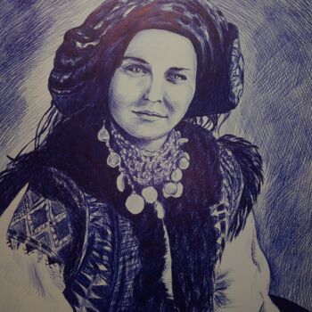 Drawing titled "Мадонна Карпат" by Tamara Kachalenko, Original Artwork, Ballpoint pen