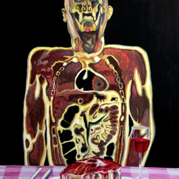 Painting titled "Enjoy your meal" by Kacper Piskorowski, Original Artwork, Oil Mounted on Wood Stretcher frame