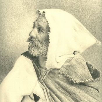 Disegno intitolato "vieux kabyle au bur…" da Chafik Kadi, Opera d'arte originale