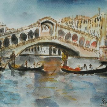 Painting titled "Le Pont du Rialto à…" by Djilali Kadid, Original Artwork, Watercolor