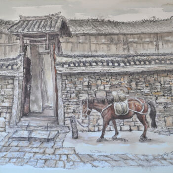 Painting titled "古镇系列-客栈前" by Kai Deng, Original Artwork, Watercolor