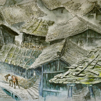 Pintura titulada "古镇系列-西江苗寨" por Kai Deng, Obra de arte original, Acuarela