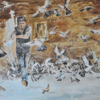 Malerei mit dem Titel "旅行系列-尼泊尔杜巴广场的鸽子" von Kai Deng, Original-Kunstwerk, Aquarell