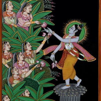 Peinture intitulée "Krishna With Gopi" par Kailesh Jee, Œuvre d'art originale, Aquarelle
