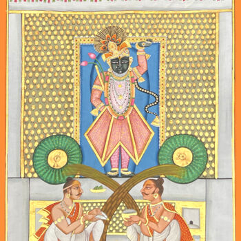 Malarstwo zatytułowany „Krishna With Priest…” autorstwa Kailesh Jee, Oryginalna praca, Akwarela