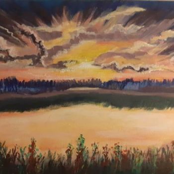 Painting titled "Sunset by the lake" by Jasmine Kalboussi, Original Artwork, Acrylic
