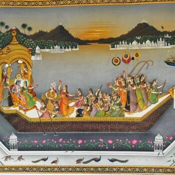 Картина под названием "Radha krishna nav" - Kalika Handicrafts Kalika Handicrafts, Подлинное произведение искусства, Акварель