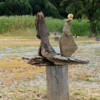 Sculpture titled "Stone balancing sur…" by Kalizae, Original Artwork, Wood