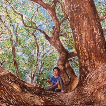 Painting titled "The boy and the tree" by Kamala Phonphibsvads, Original Artwork, Acrylic Mounted on Wood Stretcher frame