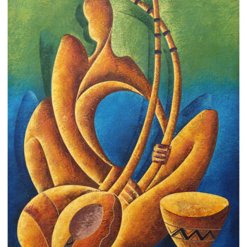 Pittura intitolato "“Joueur de cora”" da Kamba Mukeke, Opera d'arte originale, Acrilico Montato su Telaio per barella in leg…