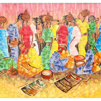 Картина под названием "“Marché africain”" - Kamba Mukeke, Подлинное произведение искусства, Акрил Установлен на Деревянная р…