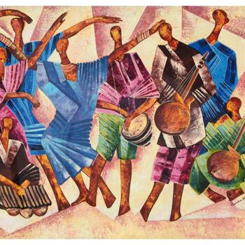 Pittura intitolato "“Fête au village”" da Kamba Mukeke, Opera d'arte originale, Acrilico Montato su Telaio per barella in le…