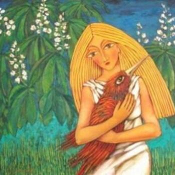 Картина под названием "Girl with a Bird" - Sasho Kambourov, Подлинное произведение искусства, Масло