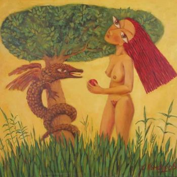 Painting titled "The Temptation" by Sasho Kambourov, Original Artwork, Oil