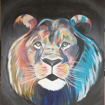 Painting titled "Lion Bélier" by Kamilia Soussi, Original Artwork, Acrylic Mounted on Wood Stretcher frame