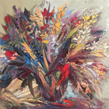 Painting titled "Abstract flowers (8…" by Kamo Atoyan, Original Artwork, Oil Mounted on Wood Stretcher frame