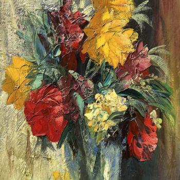 Painting titled "Textured flowers in…" by Kamo Atoyan, Original Artwork, Oil Mounted on Wood Stretcher frame