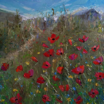 Painting titled "Field of poppies(40…" by Kamsar Ohanyan, Original Artwork, Oil Mounted on Wood Stretcher frame