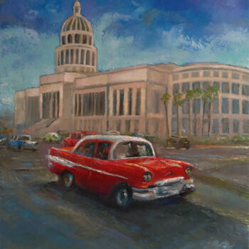 Painting titled "Old red Volga(50x60…" by Kamsar Ohanyan, Original Artwork, Oil Mounted on Wood Stretcher frame