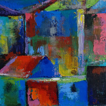 Schilderij getiteld "Colorful roofs" door Kamsar Ohanyan, Origineel Kunstwerk, Olie Gemonteerd op Frame voor houten brancard