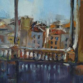 Painting titled "Open balcony" by Kamsar Ohanyan, Original Artwork, Oil Mounted on Wood Stretcher frame