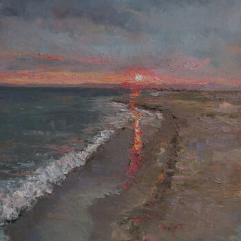 Painting titled "Sunset on the beach" by Kamsar Ohanyan, Original Artwork, Oil Mounted on Wood Stretcher frame