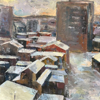 Painting titled "Winter cityscape" by Kamsar Ohanyan, Original Artwork, Oil Mounted on Wood Stretcher frame