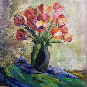 Painting titled "Red poppies" by Kamsar Ohanyan, Original Artwork, Oil Mounted on Wood Stretcher frame