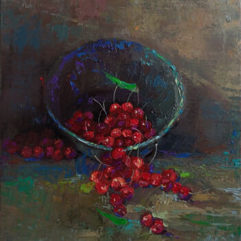 Painting titled "Still life - cherry" by Kamsar Ohanyan, Original Artwork, Oil Mounted on Wood Stretcher frame