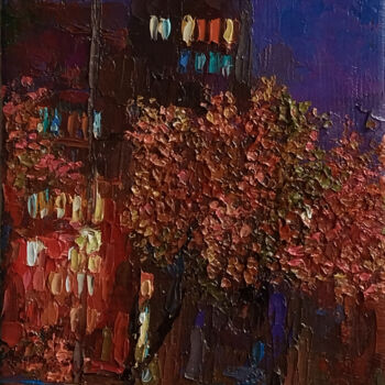 Painting titled "Night cityscape" by Kamsar Ohanyan, Original Artwork, Oil Mounted on Wood Stretcher frame