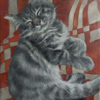 Painting titled "PEACEFUL PURR" by Kamsar Ohanyan, Original Artwork, Oil Mounted on Wood Stretcher frame